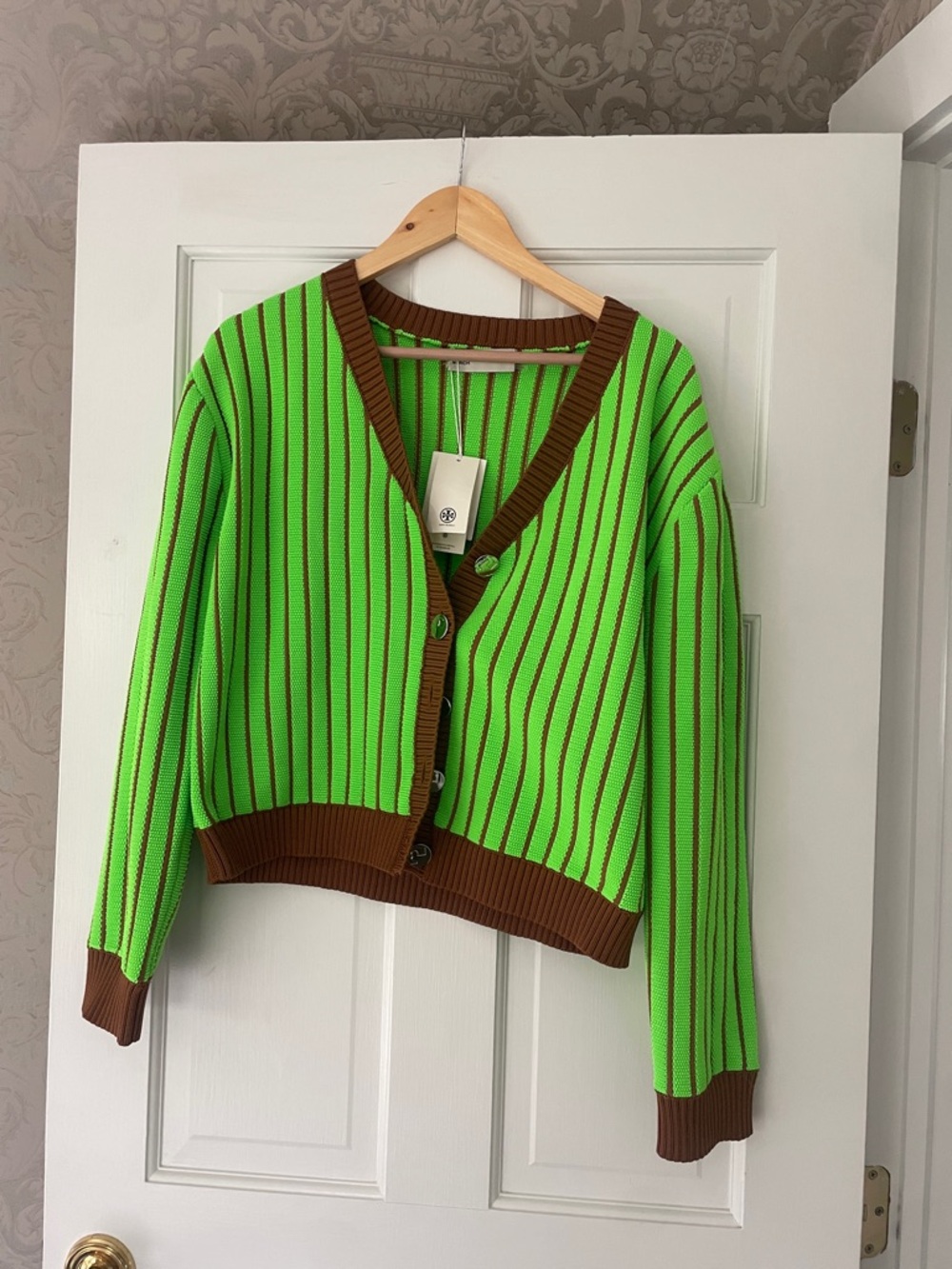 Green & Brown Striped V-Neck Cardigan Sweater Tory Burch L Viscose NWT